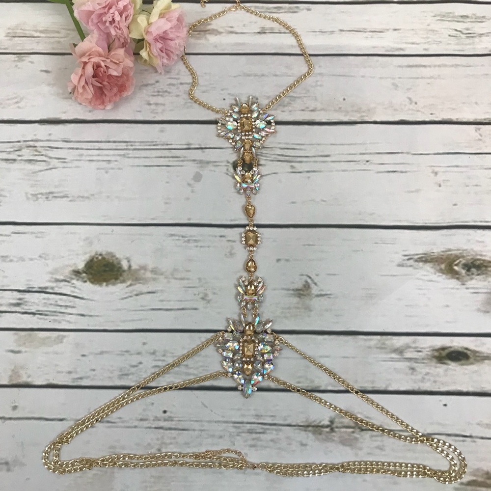 Boho Long Crystal Rhinestone Body Necklace Harness - Picture 4 of 8